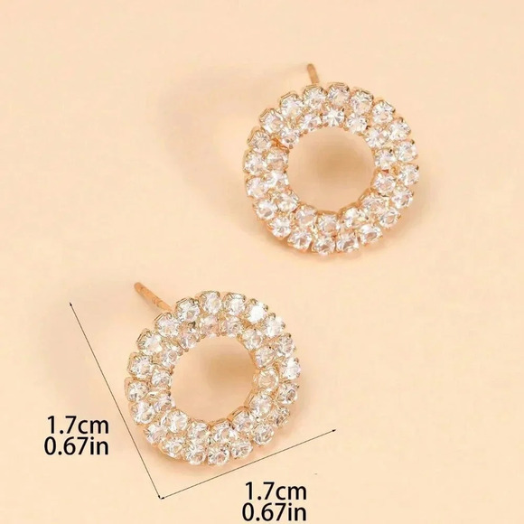 Yellow Gold Women's Elegant Geometric Circle Shaped Rhinestone Stud Earrings - Picture 5 of 5